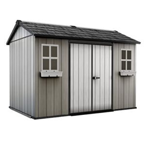 keter oakland 11’ x 7.5′ customizable outdoor resin storage shed – perfect for large items and durable construction with skylight and victorian style windows