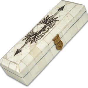 K EXCLUSIVE Skull And Arrow Bone Box - Genuine Bone, Brass Hinged Lid, Etched Design, Felt Lined Interior And Bottom - Dimensions 7" x 2 1/2" x 1 1/2"