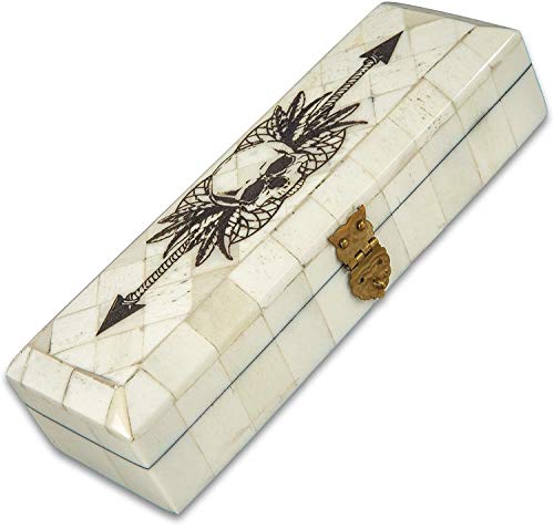 K EXCLUSIVE Skull And Arrow Bone Box - Genuine Bone, Brass Hinged Lid, Etched Design, Felt Lined Interior And Bottom - Dimensions 7" x 2 1/2" x 1 1/2"