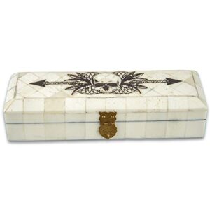 K EXCLUSIVE Skull And Arrow Bone Box - Genuine Bone, Brass Hinged Lid, Etched Design, Felt Lined Interior And Bottom - Dimensions 7" x 2 1/2" x 1 1/2"