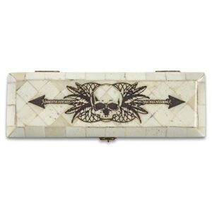 K EXCLUSIVE Skull And Arrow Bone Box - Genuine Bone, Brass Hinged Lid, Etched Design, Felt Lined Interior And Bottom - Dimensions 7" x 2 1/2" x 1 1/2"