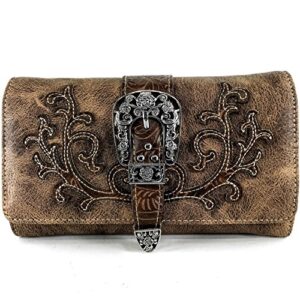 justin west tooled laser cut leather floral embroidery rhinestone buckle studded shoulder concealed carry tote style handbag purse (brown brown wallet)