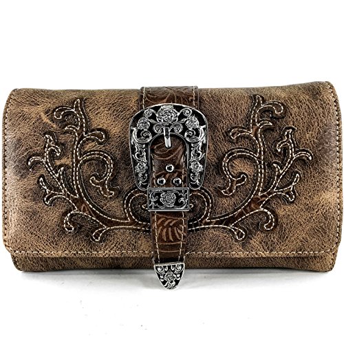 Justin West Tooled Laser Cut Leather Floral Embroidery Rhinestone Buckle Studded Shoulder Concealed Carry Tote Style Handbag Purse (Brown Brown Wallet)