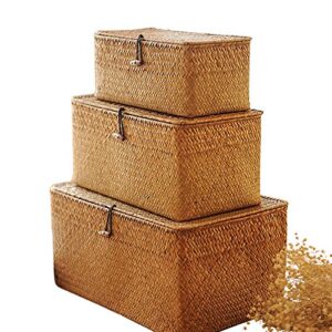 najer 3-piece set rectangular handmade seagrass baskets with lids，multifunctional storage solution，ochre