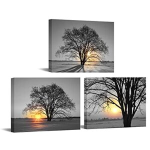 nachic wall – 3 piece black and white tree wall art gold sunset landscape painting print on canvas framed warm winter scenery poster for living room bedroom decoration