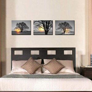 Nachic Wall - 3 Piece Black and White Tree Wall Art Gold Sunset Landscape Painting Print on Canvas Framed Warm Winter Scenery Poster for Living Room Bedroom Decoration