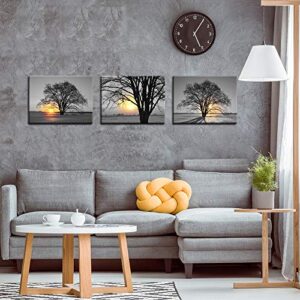 Nachic Wall - 3 Piece Black and White Tree Wall Art Gold Sunset Landscape Painting Print on Canvas Framed Warm Winter Scenery Poster for Living Room Bedroom Decoration
