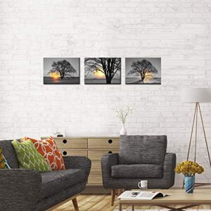 Nachic Wall - 3 Piece Black and White Tree Wall Art Gold Sunset Landscape Painting Print on Canvas Framed Warm Winter Scenery Poster for Living Room Bedroom Decoration