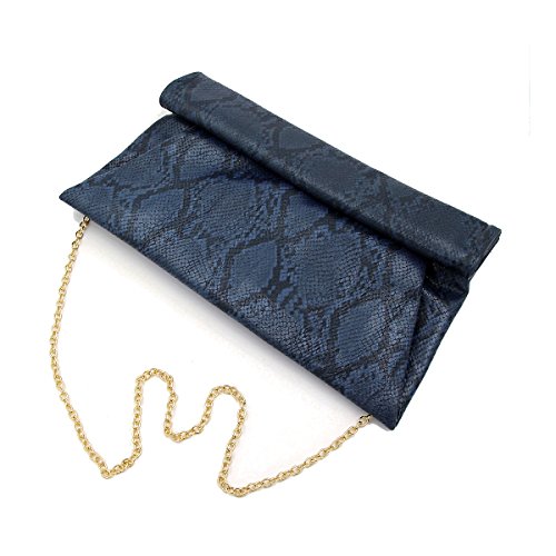 Premium Snakeskin PU Leather Roll Up Flap Clutch Evening Bag, Navy