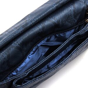 Premium Snakeskin PU Leather Roll Up Flap Clutch Evening Bag, Navy