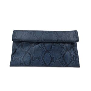 Premium Snakeskin PU Leather Roll Up Flap Clutch Evening Bag, Navy