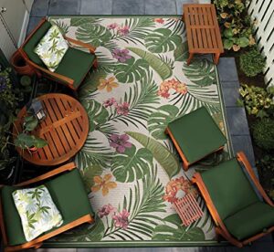 couristan dolce flowering fern indoor/outdoor area rug, 4′ x 5’10”, ivory-hunter green