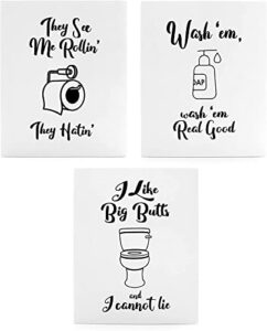 decorae wooden funny bathroom signs (set of 3); cute humorous wall art each 10 x 8 inches