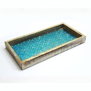 nu steel luxury aqua marine mirror mosaic & wood tray for bathrooms, countertops, jewelry, perfume, storage
