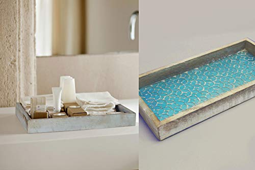 nu steel Luxury Aqua Marine Mirror Mosaic & Wood Tray for Bathrooms, Countertops, Jewelry, Perfume, Storage