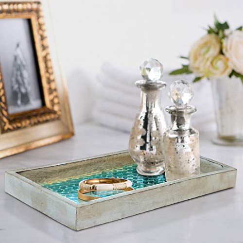 nu steel Luxury Aqua Marine Mirror Mosaic & Wood Tray for Bathrooms, Countertops, Jewelry, Perfume, Storage