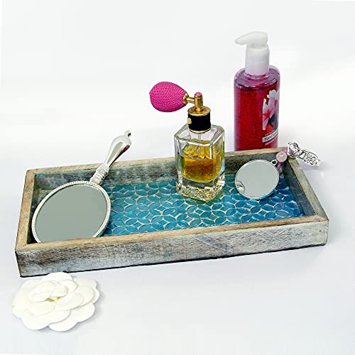 nu steel Luxury Aqua Marine Mirror Mosaic & Wood Tray for Bathrooms, Countertops, Jewelry, Perfume, Storage