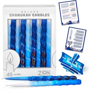 zion judaica ltd set of 45 dripless hanukkah candles spiral candle includes a diy dreidel, prayer card, standard size menorah candles for eight nights of chanukah, multi tone blue and white ombre