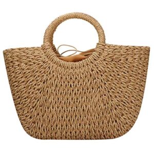 hand-woven straw large hobo bag for women round handle ring toto retro summer beach (brown)