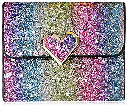 Bestmaple Multicolor Metal Sequins Small Wallet PU Leather Patchwork Hasp Mini Wallet for Women Girls Money Wallet Card Coins Bag(Heart button)