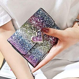 Bestmaple Multicolor Metal Sequins Small Wallet PU Leather Patchwork Hasp Mini Wallet for Women Girls Money Wallet Card Coins Bag(Heart button)