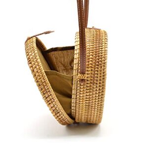 OUTLEYNY Handwoven Round Rattan Bag Beach Crossbody Bag Chic Fashion Shoulder Bag with Leather Strap Gift for Women Girls