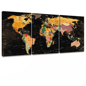 Decor MI World Map Wall Art on Canvas Black Canvas Prints Paintings 3 Pieces Canvas Map of The World Children Education Ready to Hang Map Decor Wall Artwork for Living Room Bedroom Bathroom Home