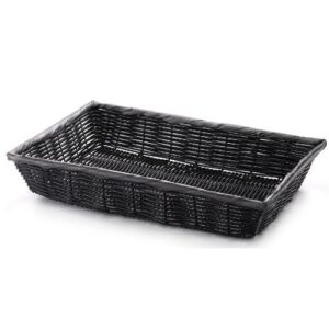 handwoven rectangular basket, 16 x 11.5 x 3″, poly, black