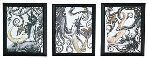 Mermaid and Octopus Wall Art – Collectible Set - Home Decor Nautical Bathroom Beach Ocean Posters Prints Decorations Pictures Artwork Mermaids for kids Girls Bedroom Girl Gold Foil Painting - 8x10 inches