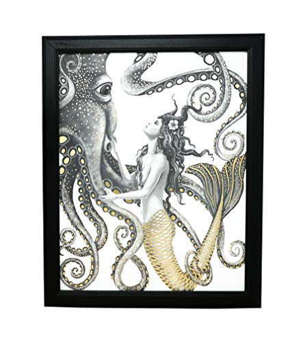 Mermaid and Octopus Wall Art – Collectible Set - Home Decor Nautical Bathroom Beach Ocean Posters Prints Decorations Pictures Artwork Mermaids for kids Girls Bedroom Girl Gold Foil Painting - 8x10 inches