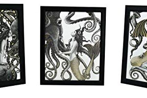 Mermaid and Octopus Wall Art – Collectible Set - Home Decor Nautical Bathroom Beach Ocean Posters Prints Decorations Pictures Artwork Mermaids for kids Girls Bedroom Girl Gold Foil Painting - 8x10 inches