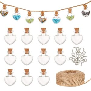 ph pandahall mini heart glass jars bottles with cork stoppers, 20pcs small wishing bottles corked glass bottles, 20pcs eye screws, 30 yards twine for valentine mother wedding christmas message decor