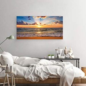 Muolunna BK1850 Wall Art Decor Large Canvas Print Picture Sunrise Ocean Beach Waves Scenery Modern Painting Artwork for Office Wall Decor Home Decoration Stretched and Framed Ready to Hang, 20x40inch x1pcs