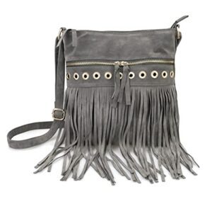 hoxis studded tassel zipper pocket faux suede leather cross body bag womens purse (gray)