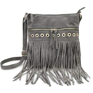 HOXIS Studded Tassel Zipper Pocket Faux Suede Leather Cross Body Bag Womens Purse (Gray)