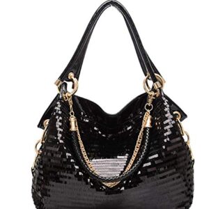 Yan Show Women Patent Leather Chain Handbags Shoulder Bags for Ladies Sequin Purse Black Large