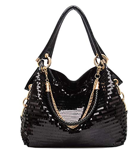 Yan Show Women Patent Leather Chain Handbags Shoulder Bags for Ladies Sequin Purse Black Large