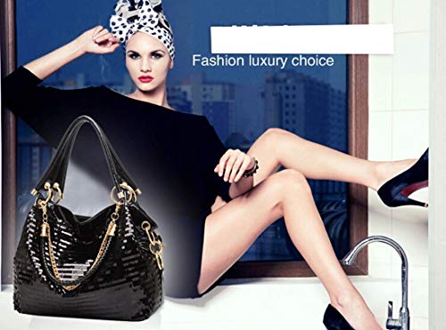 Yan Show Women Patent Leather Chain Handbags Shoulder Bags for Ladies Sequin Purse Black Large