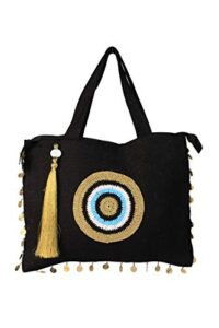 karensline handmade evil eye jute beach bags and totes eco-friendly sustainable black gold eye tote bag for women zipper top with crystals and tassels water resistant with wipeable inner lining, large