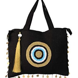 KarensLine Handmade Evil Eye Jute Beach Bags and Totes Eco-Friendly Sustainable Black Gold Eye Tote Bag for Women Zipper Top with Crystals and Tassels Water Resistant with Wipeable Inner Lining, Large