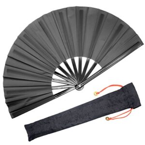 omytea large rave folding hand fan for men/women – chinese japanese kung fu tai chi handheld fan with fabric case – for edm, music festival, club, event, party, dance, performance, decoration (black)