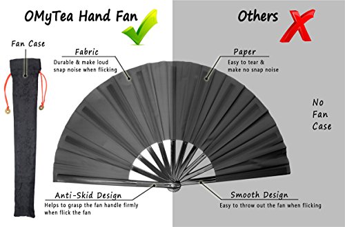 OMyTea Large Rave Folding Hand Fan for Men/Women - Chinese Japanese Kung Fu Tai Chi Handheld Fan with Fabric Case - for EDM, Music Festival, Club, Event, Party, Dance, Performance, Decoration (Black)