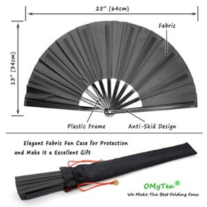 OMyTea Large Rave Folding Hand Fan for Men/Women - Chinese Japanese Kung Fu Tai Chi Handheld Fan with Fabric Case - for EDM, Music Festival, Club, Event, Party, Dance, Performance, Decoration (Black)