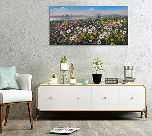 Arjun Flowers Canvas Wall Art Landscape Painting, Modern Spring Nature Wildflowers Daisy Floral Picture Artwork Large Framed for Bedroom Living Room Bathroom Home Office Wall Décor, 40"x20" One Panel