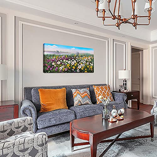 Arjun Flowers Canvas Wall Art Landscape Painting, Modern Spring Nature Wildflowers Daisy Floral Picture Artwork Large Framed for Bedroom Living Room Bathroom Home Office Wall Décor, 40"x20" One Panel