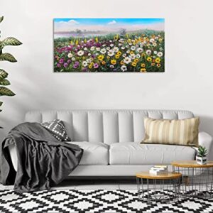 Arjun Flowers Canvas Wall Art Landscape Painting, Modern Spring Nature Wildflowers Daisy Floral Picture Artwork Large Framed for Bedroom Living Room Bathroom Home Office Wall Décor, 40"x20" One Panel