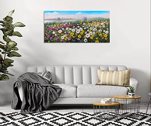 Arjun Flowers Canvas Wall Art Landscape Painting, Modern Spring Nature Wildflowers Daisy Floral Picture Artwork Large Framed for Bedroom Living Room Bathroom Home Office Wall Décor, 40"x20" One Panel