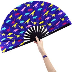 Amajiji Large Rave Folding Hand Fan for Men/Women, Chinease/Japanese Bamboo Hand Fan, Festival Accessories Performance Decoration Gift Dance Handheld Fan (Dinosaur)