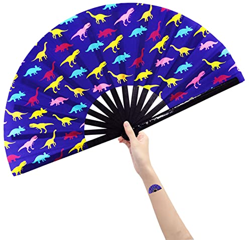 Amajiji Large Rave Folding Hand Fan for Men/Women, Chinease/Japanese Bamboo Hand Fan, Festival Accessories Performance Decoration Gift Dance Handheld Fan (Dinosaur)