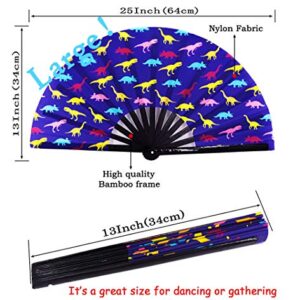 Amajiji Large Rave Folding Hand Fan for Men/Women, Chinease/Japanese Bamboo Hand Fan, Festival Accessories Performance Decoration Gift Dance Handheld Fan (Dinosaur)